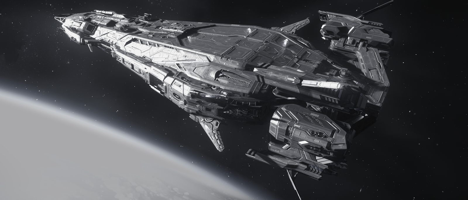 A large armoured corvette in orbit, the bright curve of a cloud-covered planet below