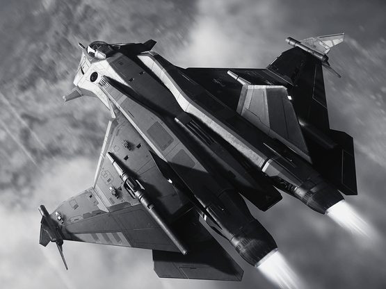 A light fighter climbing steeply over canyon country, engines glowing