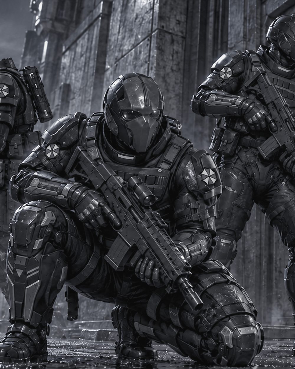 Armoured security operators in black, one kneeling, holding position beside a sealed gate at night