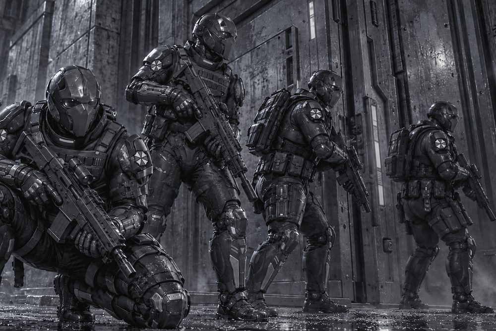 Armoured security operators in black, one kneeling, holding position beside a sealed gate at night
