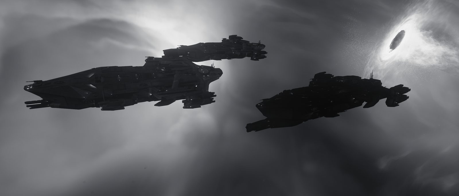 Large frigates silhouetted against a bright, swirling nebula